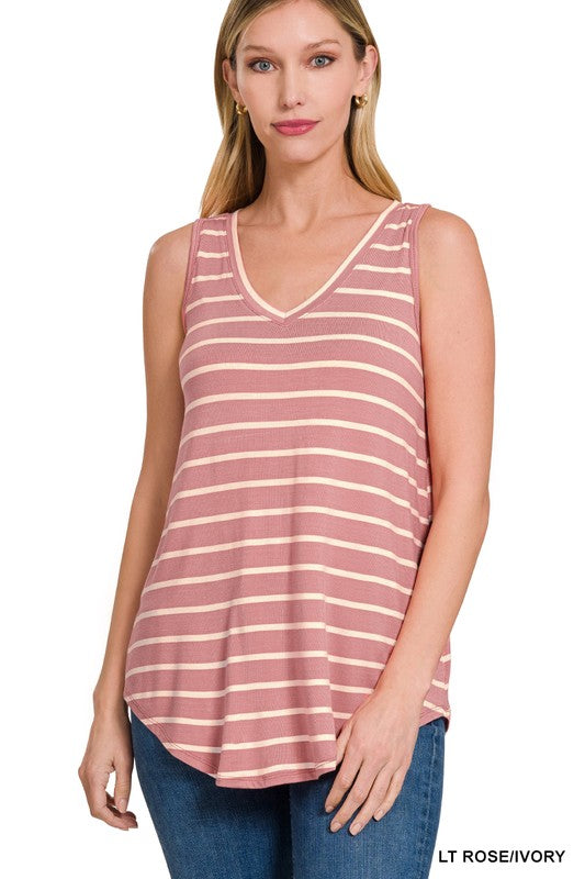 STRIPE SLEEVELESS V-NECK TOP