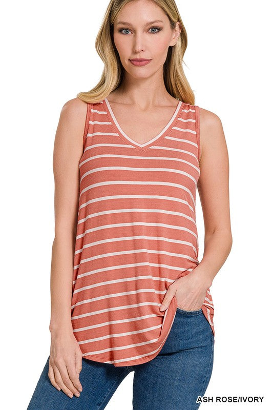 STRIPE SLEEVELESS V-NECK TOP