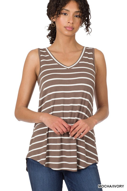 STRIPE SLEEVELESS V-NECK TOP