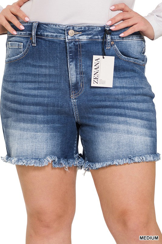 PLUS MID RISE RAW FRAYED HEM DENIM SHORTS