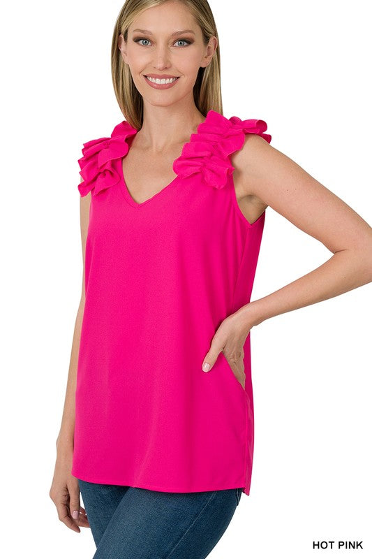 WOVEN WOOL DOBBY RUFFLE TRIM SLEEVELESS TOP