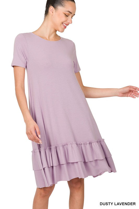 SHORT SLEEVE ROUND NECK RUFFLE HEM DRESS