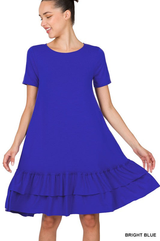 SHORT SLEEVE ROUND NECK RUFFLE HEM DRESS