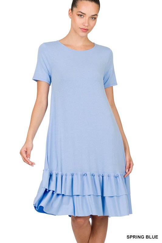 SHORT SLEEVE ROUND NECK RUFFLE HEM DRESS