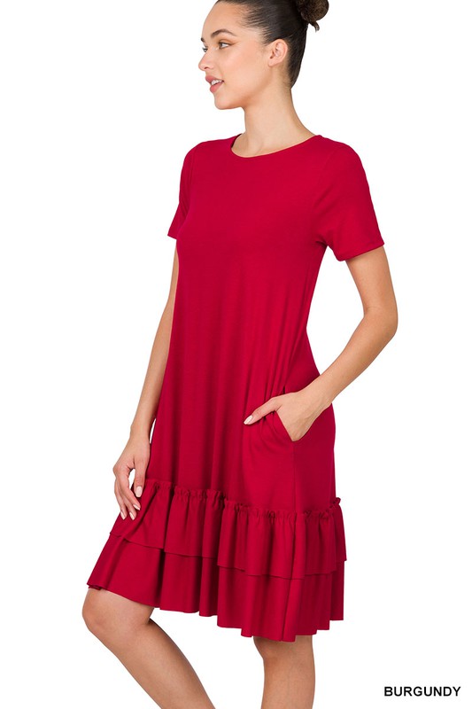 SHORT SLEEVE ROUND NECK RUFFLE HEM DRESS