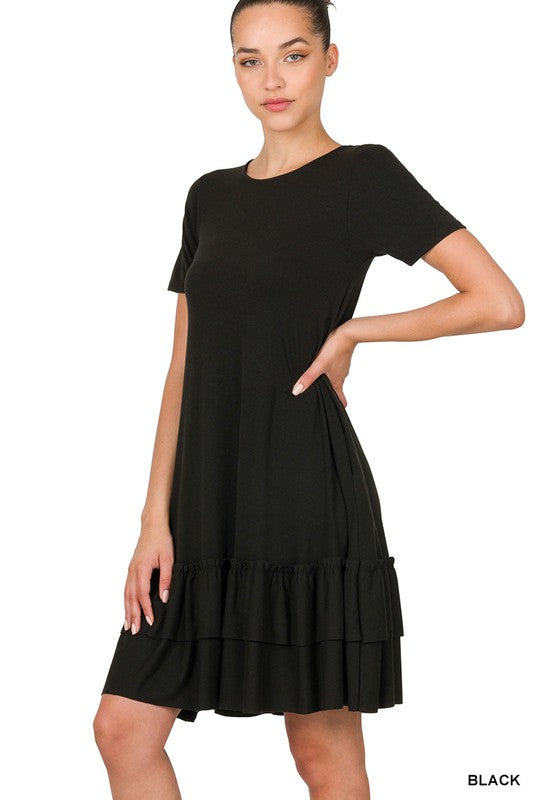 SHORT SLEEVE ROUND NECK RUFFLE HEM DRESS