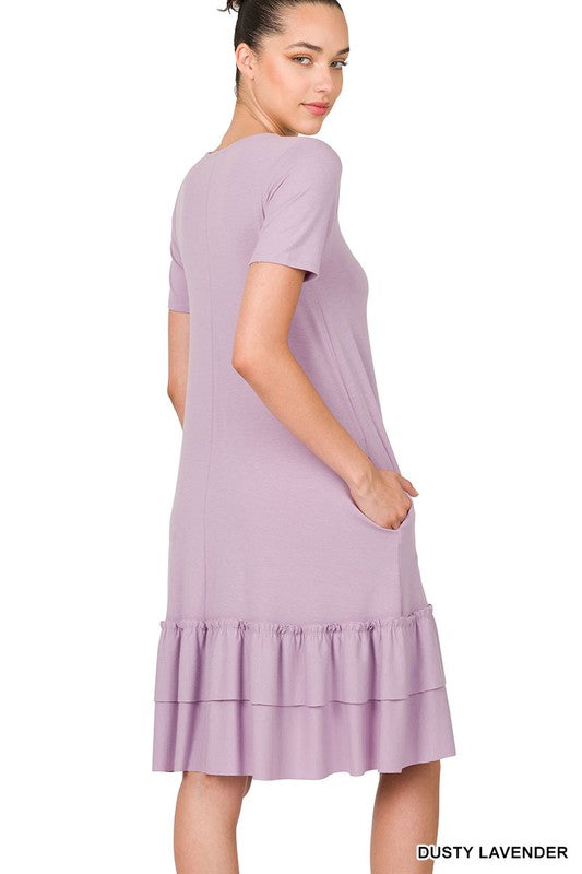 SHORT SLEEVE ROUND NECK RUFFLE HEM DRESS