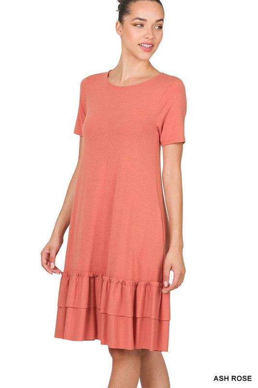 SHORT SLEEVE ROUND NECK RUFFLE HEM DRESS