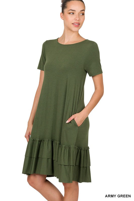 SHORT SLEEVE ROUND NECK RUFFLE HEM DRESS