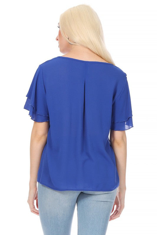 Short flutter sleeve round neck keyhole blouse.