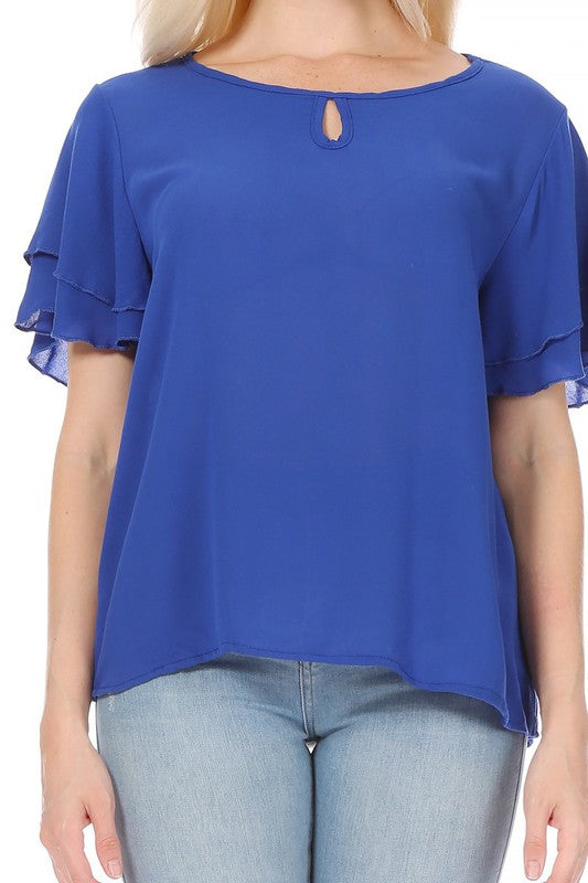 Short flutter sleeve round neck keyhole blouse.