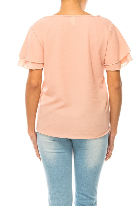 Short flutter sleeve round neck keyhole blouse.