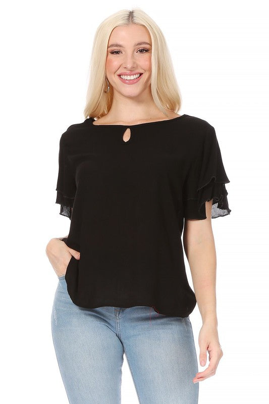 Short flutter sleeve round neck keyhole blouse.