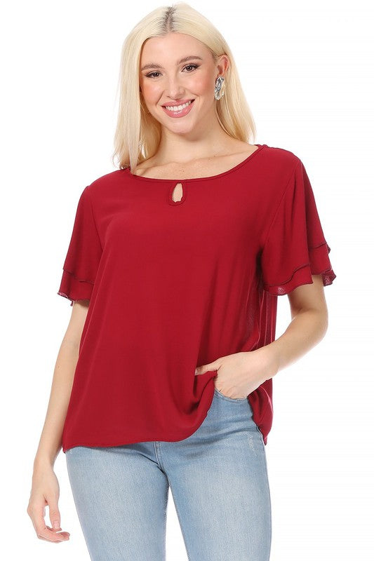 Short flutter sleeve round neck keyhole blouse.