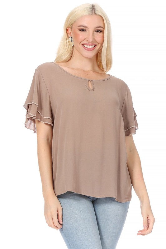 Short flutter sleeve round neck keyhole blouse.