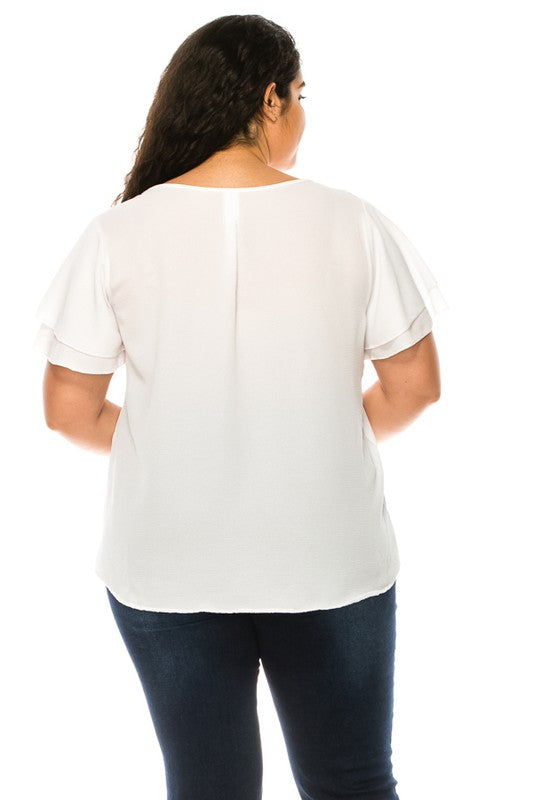 Plus size, short flutter sleeve keyhole blouse.