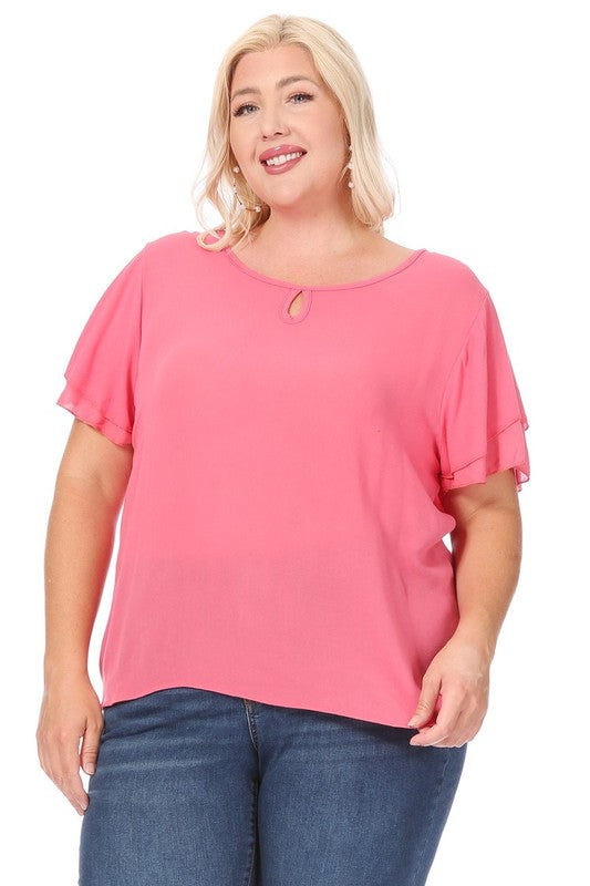 Plus size, short flutter sleeve keyhole blouse.