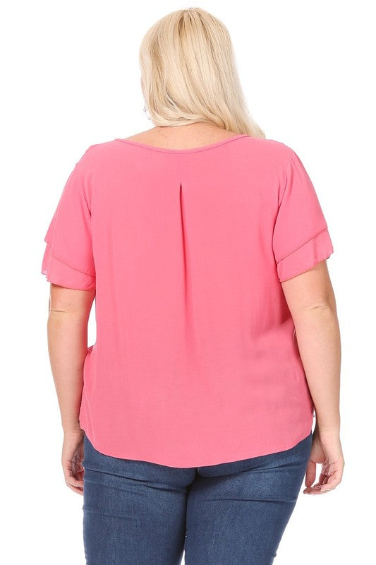 Plus size, short flutter sleeve keyhole blouse.