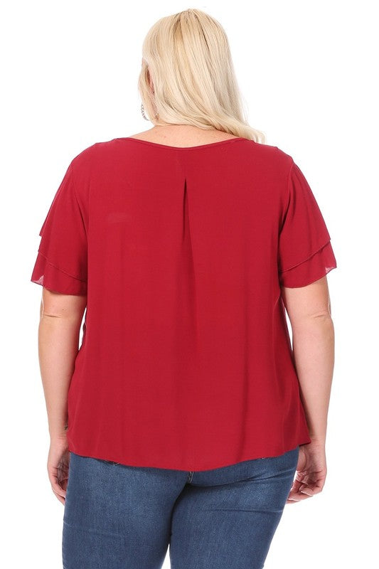 Plus size, short flutter sleeve keyhole blouse.