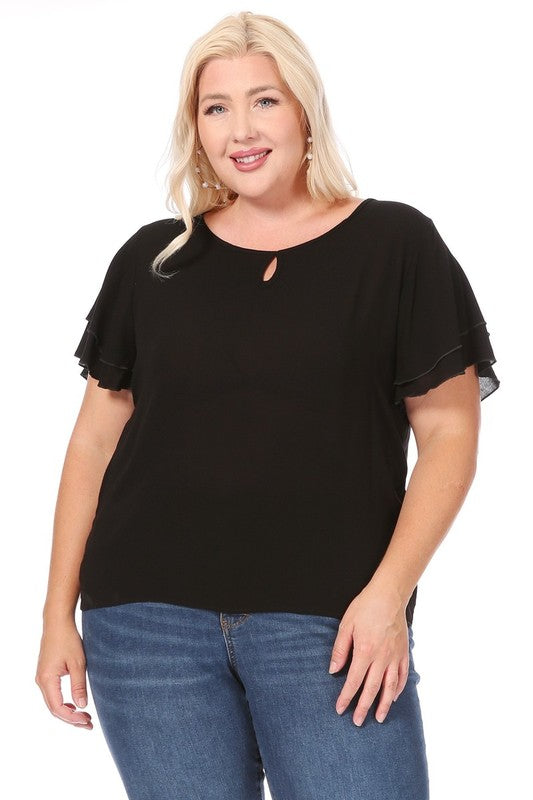 Plus size, short flutter sleeve keyhole blouse.