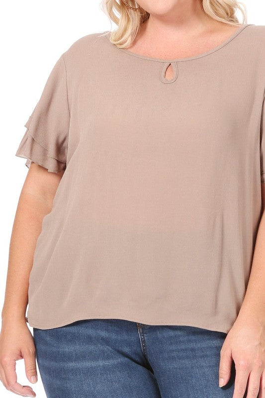 Plus size, short flutter sleeve keyhole blouse.