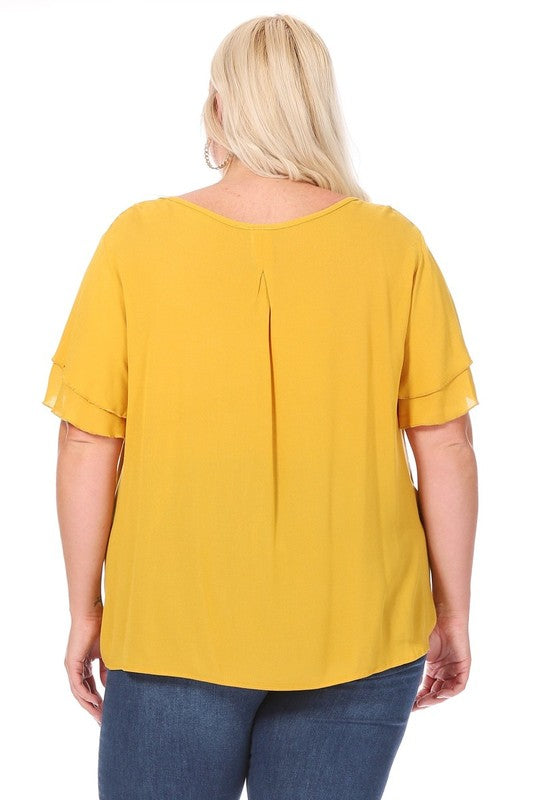 Plus size, short flutter sleeve keyhole blouse.