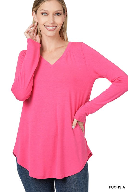 LONG SLEEVE V-NECK ROUND HEM TOP (ZE 2105)