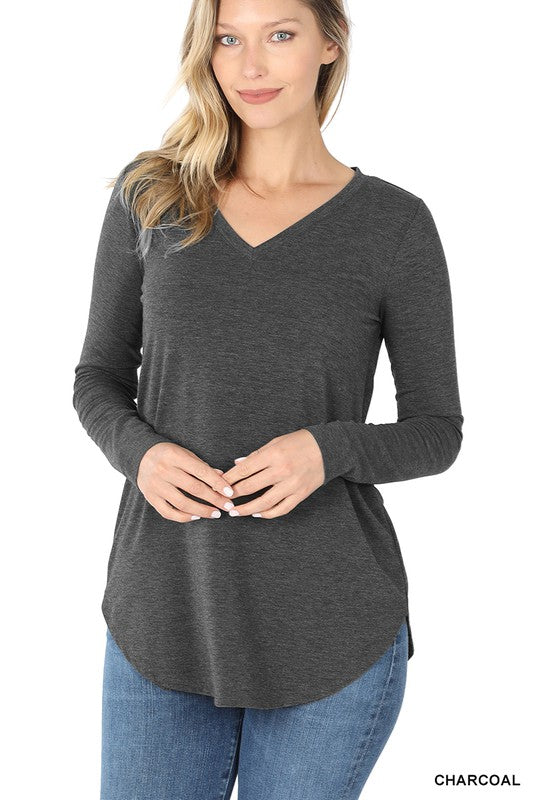 LONG SLEEVE V-NECK ROUND HEM TOP (ZE 2105)