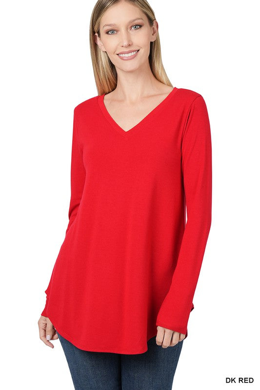 LONG SLEEVE V-NECK ROUND HEM TOP (ZE 2105)