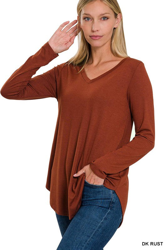 LONG SLEEVE V-NECK ROUND HEM TOP (ZE 2105)