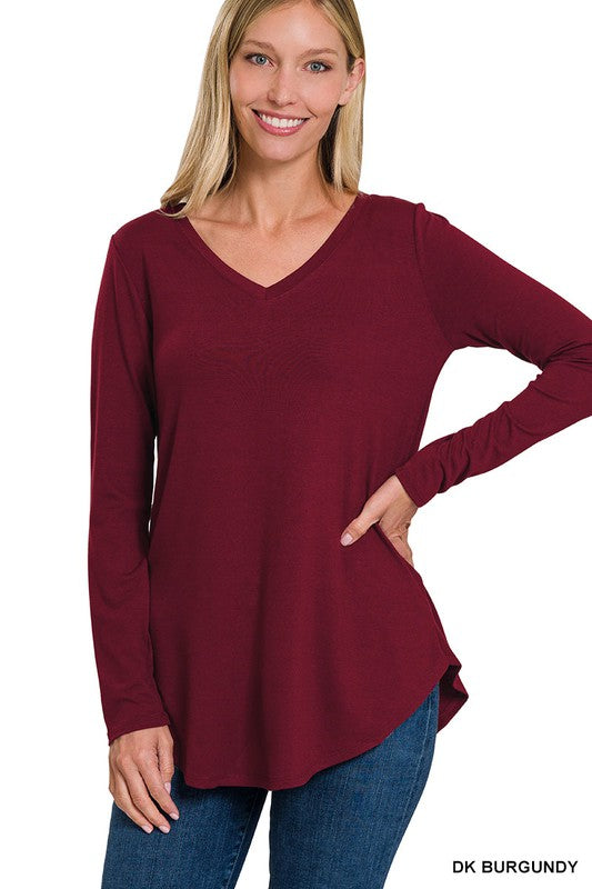 LONG SLEEVE V-NECK ROUND HEM TOP (ZE 2105)