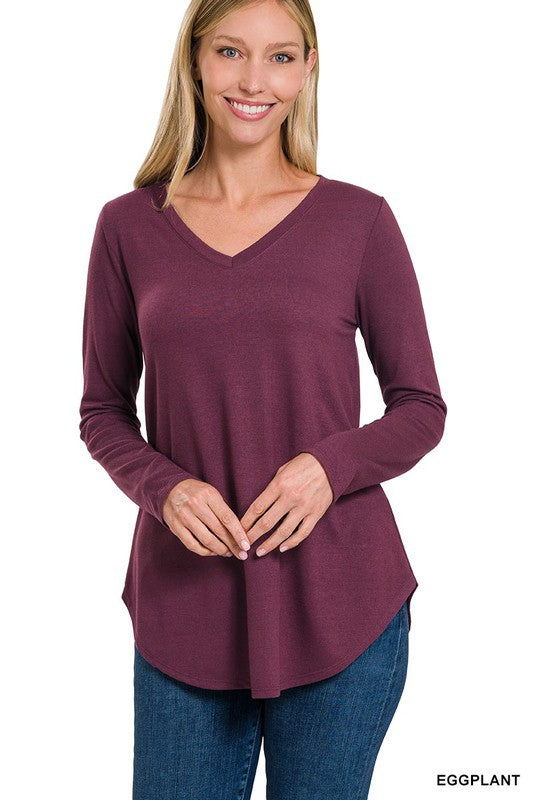 LONG SLEEVE V-NECK ROUND HEM TOP (ZE 2105)