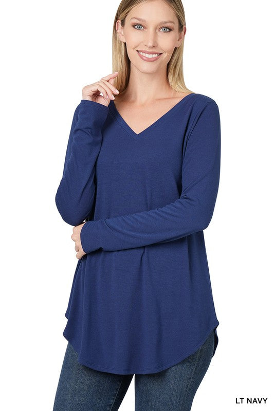 LONG SLEEVE V-NECK ROUND HEM TOP (ZE 2105)