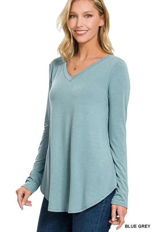 LONG SLEEVE V-NECK ROUND HEM TOP (ZE 2105)