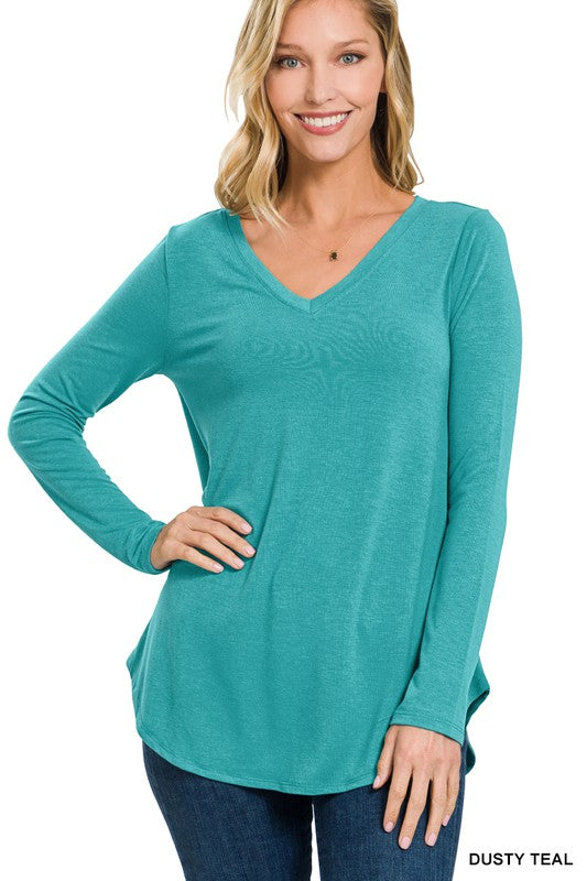 LONG SLEEVE V-NECK ROUND HEM TOP (ZE 2105)