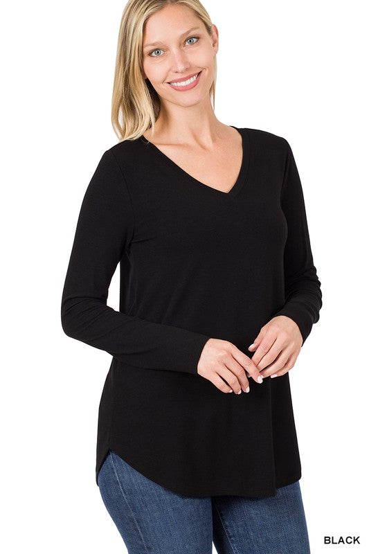 LONG SLEEVE V-NECK ROUND HEM TOP (ZE 2105)