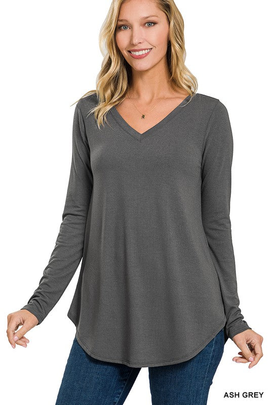 LONG SLEEVE V-NECK ROUND HEM TOP (ZE 2105)