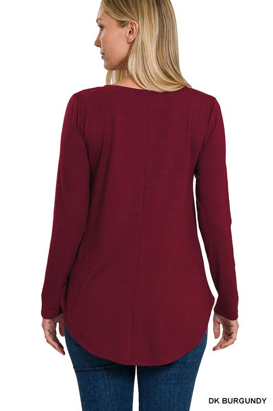 LONG SLEEVE V-NECK ROUND HEM TOP (ZE 2105)