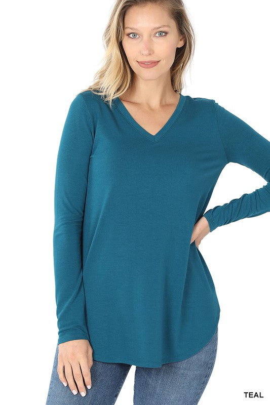 LONG SLEEVE V-NECK ROUND HEM TOP (ZE 2105)