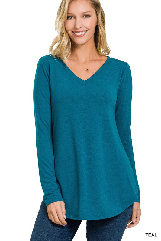 LONG SLEEVE V-NECK ROUND HEM TOP (ZE 2105)