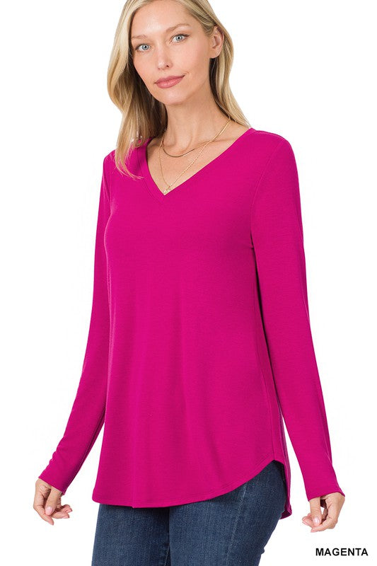 LONG SLEEVE V-NECK ROUND HEM TOP (ZE 2105)