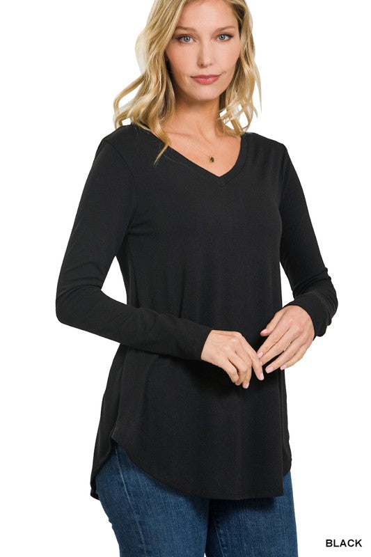 LONG SLEEVE V-NECK ROUND HEM TOP (ZE 2105)