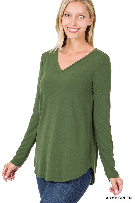 LONG SLEEVE V-NECK ROUND HEM TOP (ZE 2105)