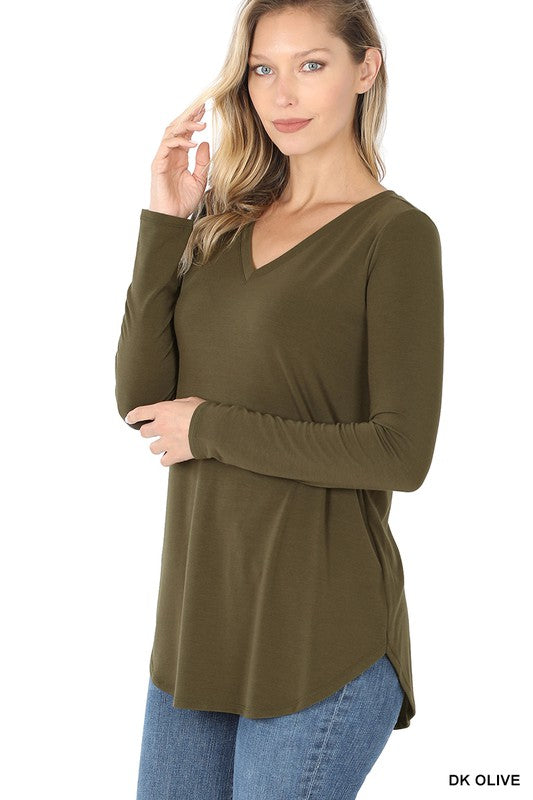 LONG SLEEVE V-NECK ROUND HEM TOP (ZE 2105)