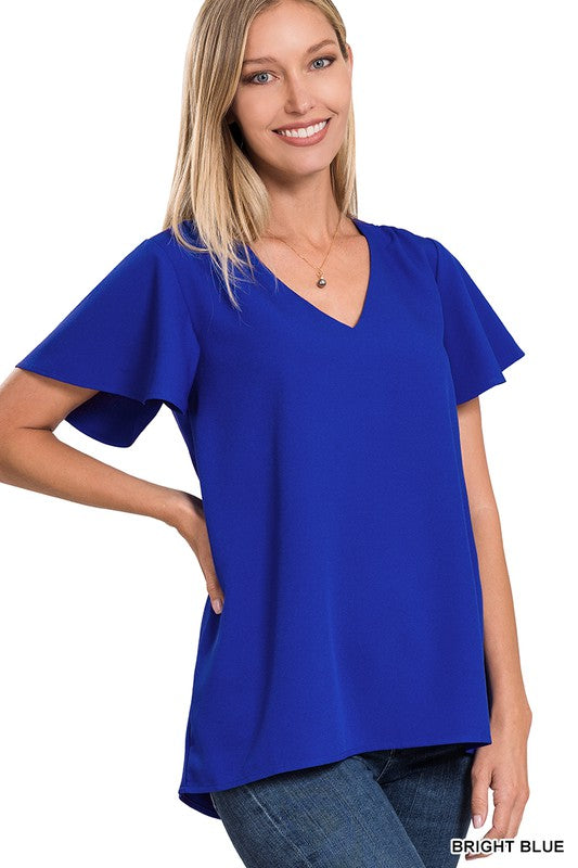 WOVEN FLUTTER SLEEVE V-NECK TOP