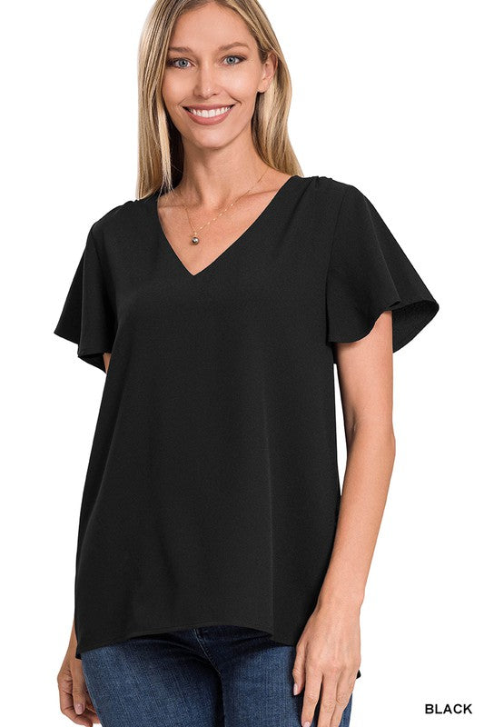 WOVEN FLUTTER SLEEVE V-NECK TOP