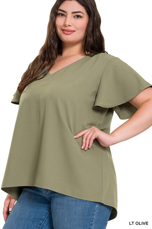 WOVEN FLUTTER SLEEVE V-NECK TOP