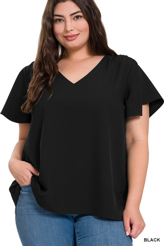 WOVEN FLUTTER SLEEVE V-NECK TOP