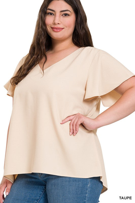 WOVEN FLUTTER SLEEVE V-NECK TOP