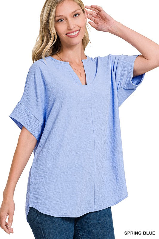 WOVEN AIRFLOW SPLIT NECK SHORT SLEEVE TOP